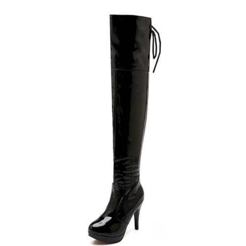 Cuissardes en cuir verni noir à talon aiguille et plateforme pour briller en soirée