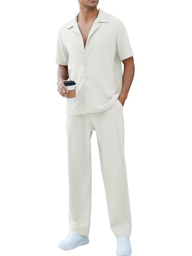 FIMTNES Mens 2 Piece Sets Casual Short Sleeve Button Down Shirts and...