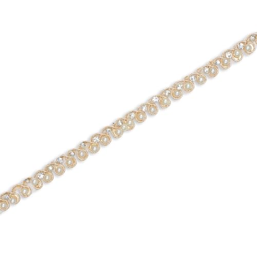 8 Millimeter Beaded Rhinestones & Metallic Cording On Mesh Trim by The Yard - for Sewing, Crafts, Decor, or Upholstery - Champagne (1 Yard)