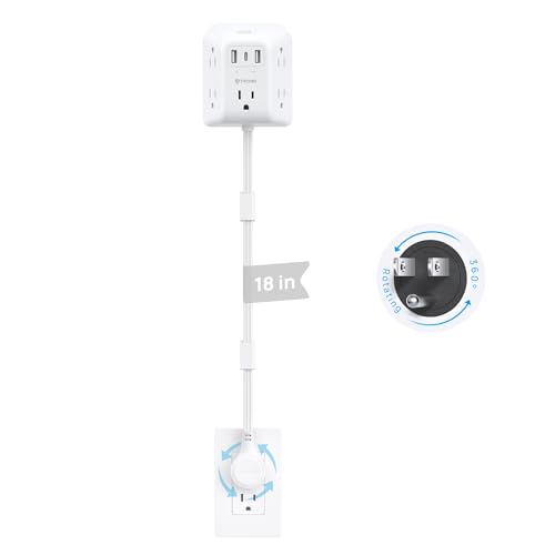 TROND Outlet Extender Stick with 360° Rotating Plug, Electrical Extendable Multi Plug Outlet 18in, 1440J Surge Protector, 5 AC and 3 USB Ports, Use Behind Couches, Nightstands, Desks, White