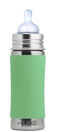 Pura Kiki 9oz/275ml Stainless Steel Infant Bottle w/Sleeve, Anti-Colic, Medical-Grade Silicone, Medium-Flow Nipple, for Babies 3 Months & Up (Moss)