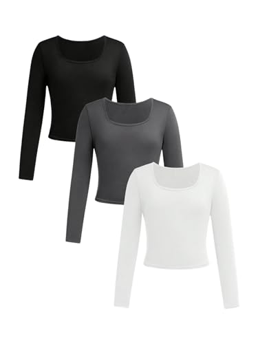 Image of RoseSeek Girl's 3 Pack Long Sleeve T Shirt Square Neck Slim Fit Basic Tee Tops Fall Tops Black Grey White 12Y