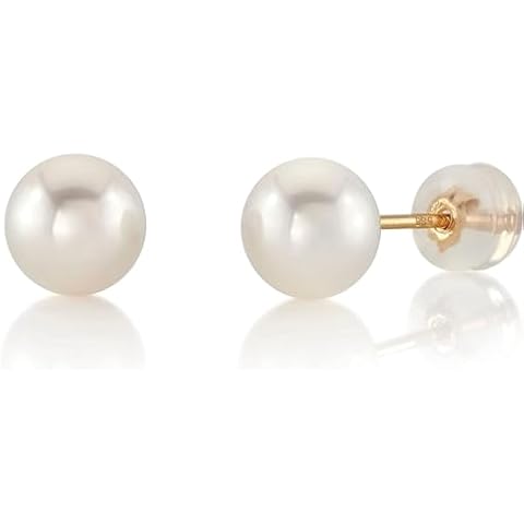 THE PEARL SOURCE Round White Freshwater Real Pearl Earrings for Women - 14k Gold Stud Earrings | Hypoallergenic Earrings with Genuine Cultured Pearls, 7.0-7.5mm Cover