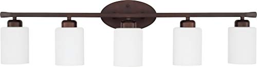 HomePlace Lighting 115251BZ-338 Dixon Modern Soft White Glass Bathroom Vanity Wall Light, 5-Light 500 Total Watts, 9" H x 37" W, Bronze HomePlace Lighting 115251BZ-338 Dixon Modern Soft White Glass Bathroom Vanity Wall Light, 5-Light 500 Total Watts, 9" H x 37" W, Bronze