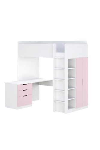 Shefa Kids Hochbett Mit Schreibtisch - Platzsparendes 5-in-1 Hochbett Kinder Mit Treppe, Kleiderschrank, Regal & Arbeitsbereich - Rosa, Belastbar Bis 90 Kg, Maße: 206 x 107 cm