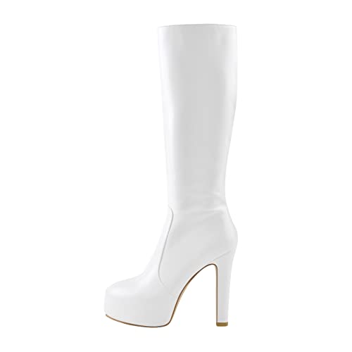 Image of richealnini Women's Low Platform Block High Heel Knee High Boots with Zipper