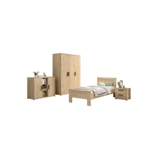 Vipack Ensemble Sam - Lit + Chevet + Armoire 3P + Commode