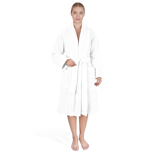 American Soft Linen Women’s Fleece Bathrobe – Luxury Soft, Plush, Fuzzy & Warm Turkish Robe for Women, Cozy Spa Quality Adult Bathroom Lounge Robe, White S