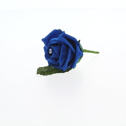 Shimmer-hj 5 Royal Blue Rose Wedding Buttonholes, Boutonniere, Corsage with diamante centre, handmade artificial flowers. Perfect for Bride, Groom, Bridesmaid & Guests. Reception, Party, Prom