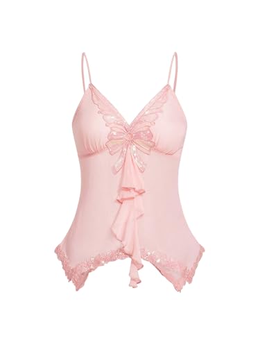 GORGLITTER Women's Butterfly Babydoll Y2K Camisole Top Coquette Asymmetrical Cami Tops