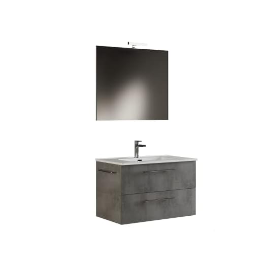 Mama Store 80-Mueble baño suspendido 80 cm Gris Cemento con Lavabo, Espejo y lámpara LED, L.81 x P.47, Madera Aluminio, L. 81 X P. 47 X H. 53 CM