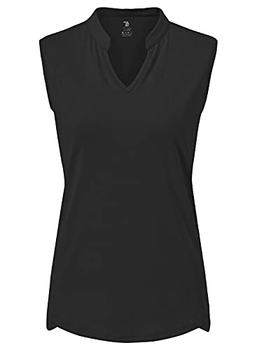 Bgowatu Women's Golf Polo T-Shirts Sleeveless V Neck Collarless Tennis Shirts Uv Protection Quick Dry Lightweight Black M #TOP1