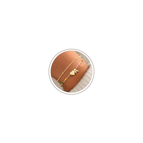 M MOOHAM Stocking Stuffers for Girls Kids, Heart Initial A Gold Bracelet | Stocking Stuffers for Girl Kids, 14K Gold Plated, Heart Initial Bracelet, Link Charm Bracelets, Gold Jewelry Birthday Gifts - image 1