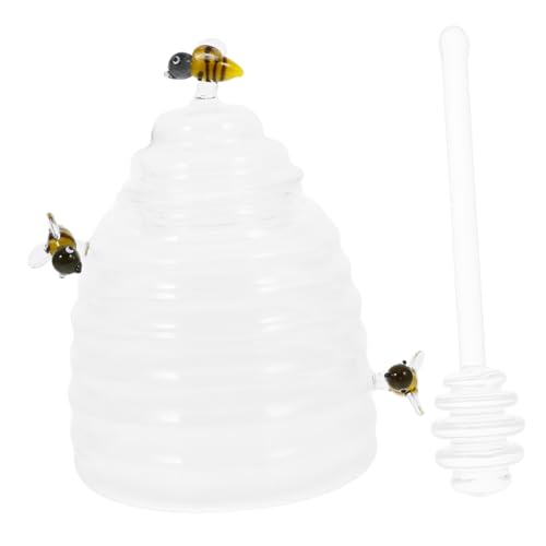 Mikinona 1Set High Borosilicate Glass with Dipper Transparent Honey Container for Home Use Food Storage Pot for Syrup Candy and Honey Compact