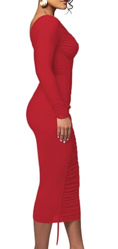 Image of Women's Long Sleeve Mesh Dress - Bodycon Off Shoulder Mesh Ruched Cocktail Club Maxi Dresses