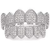 Top Class Jewels Grillz para Dientes, chapados en Oro Blanco de 24K con Diamantes de Zirconia cúbica con Cruces y 2 Barras Moldeadoras adicionales