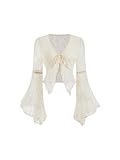 Verdusa Women's Lace Tops Tie Front Bell Long Sleeve Sheer Blouse Crop Tops Apricot Medium