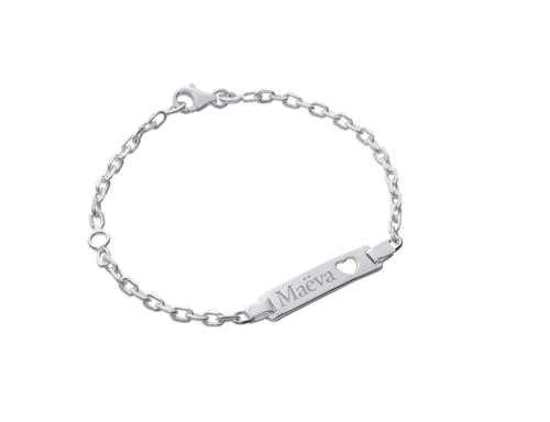 Tata Gisèle Gourmette Enfant en Argent 925/000 Rhodié - Plaque à Graver avec Coeur Ajouré - 14/16 cm - Gravure Incluse