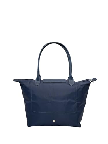 Designer-ähnliche Tragetasche, Echtlederbesatz, faltbar, Nylon, leicht, Reißverschluss, flache Innentaschen, Marineblau, Medium