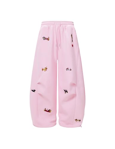 Aelfric Eden Embroidery Puppy Baggy Barrel Sweatpants Casual Y2K Elastic Drawstring Unisex Wide Leg Pants Lantern Trouser Pink M