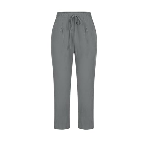 Image of ABABC Linen Capri Pants for Women Casual Straight Wide Leg Capri Pant Loose Lightweight Drawstring Beach Cropped Trousers