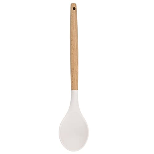 BRIIEC 1pc White Silicone Solid Spoon with Wooden...