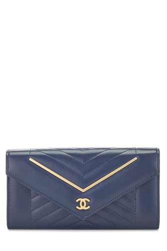 Pre-Loved Blue Reverse Chevron Lambskin Wallet, Blue