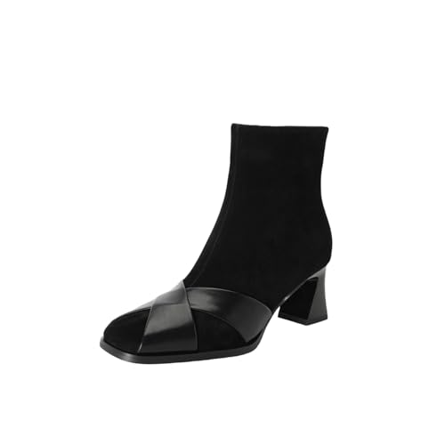 TinaCus Suede & Genuine Leather Women's Square Toe Mid Block Heels Side Zipper Handmade Short Boots
