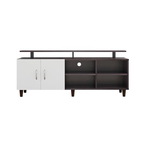 Image of VIKI Modern TV Unit for Living Room | Engineered Wood TV Cabinet with 2 Door Storage, 2 Open Shelves & Extension, Entertainment Unit, 140W x 48H x 40D cm | DIY | 1 Year Warranty (Wenge & White)