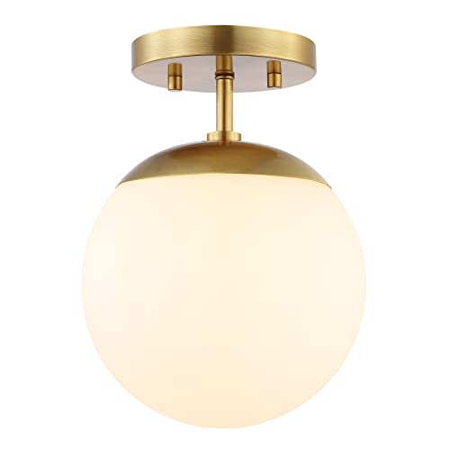 JONATHAN Y 7.75" Brass Gold Modern Semi Flush Mount Ceiling Light, LED Fixture for Entryway, White Frosted Glass Globe Shade, Mid-Century Farmhouse Lighting for Bedroom Hallway JYL7499A