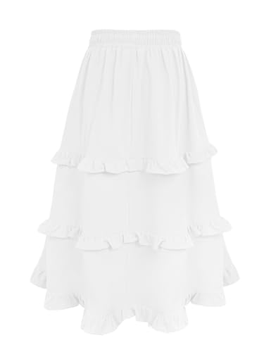 Image of Girls High Waisted Ruffle Maxi Skirt Soft Cotton Long Skirts with Elastic Waistband for Kid Girl 3-12 Years