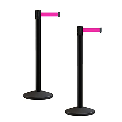 Crowd Control Warehouse CCW Series RBB-100 - Set of 2 Stanchion Retractable Belt Barriers - 11 Foot, Fluorescent Pink Belt with Black Post - Easy Assembly