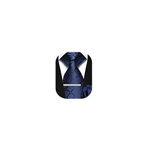 Image of Enlision Ties for Men Plaid Stripe Tie Handkerchief Woven Classic Formal Necktie Pocket Square Clip Set
