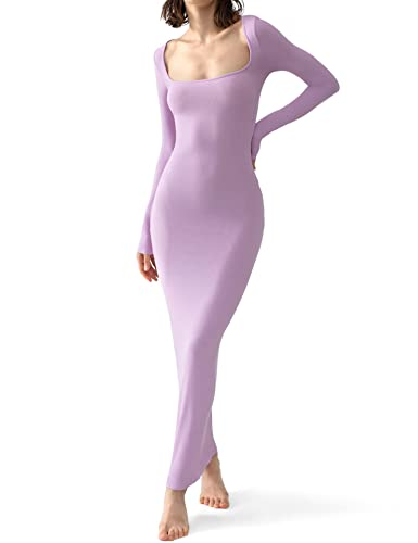 DIOB Robe Longue Moulante Sexy à Col Carré Et Manches Longues CôTeléEs pour Femme, Femmes Tricoté CôTelé à Manches Longues Robe Moulante DéContracté (Purple,XL)