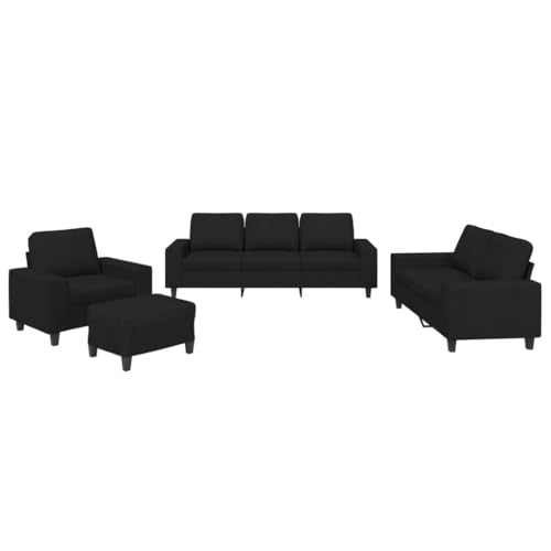 Wynira Juego de 4 sofás de tela negra con estructura de metal resistente, 3 plazas, 2 plazas, sillón y taburete, sofá moderno para sala de estar que ahorra espacio