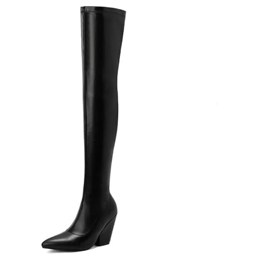 Botas femininas de salto alto em bloco com bico fino, couro sintético sobre as botas nee, moda outono inverno, botas altas, botas longas, pretas, 45 UE