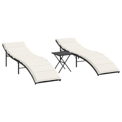 vidaXL Lot de 2 Chaises Longues avec Table, Bain de Soleil, Transat de Terrasse, Siège de Jardin Patio Extérieur, Noir Résine Tressée