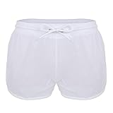 dPois Men's See Through Sheer Drawstring Boxer Shorts Drawstring Swim Trunks Panties Underwear White M