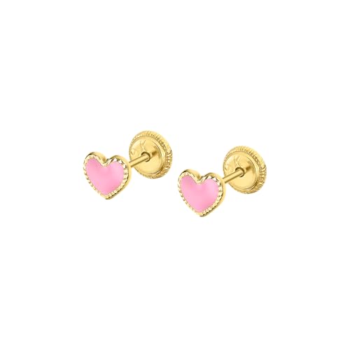 TIME ROAD Pendientes Bebé Niña de Oro 9K LG00306 - Cierre Seguro de Rosca - Pendientes de Corazón - Infantil 3, 6, 12 a 24 meses - Ideal como Regalo de Nacimiento, Bautizo o Cumpleaños