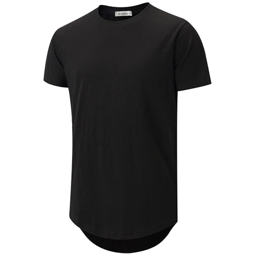 KLIEGOU Men's Slub Cotton Longline T-Shirt | 100% Textured Cotton Tee | Curved Hem | Crew Neck Casual Shirt | Pre-Shrunk
