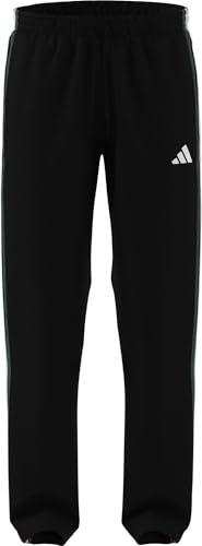 Image of adidas Men's Essentials 3 Stripes Woven Open Hem Trackpants, Black/Team Dark Green/White/Better Scarlet, M