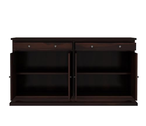 Image of Solid Sheesham Wood Sideboard Cabinet - Elegant Free-Standing Movable Chest of Drawers with 2 Drawers & 4 Shelf storag for Stylish Living Room Walnut