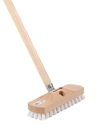 BawiTec Qualitäts Schrubber Schrubberbürste 22cm mit Stiel 120cm lackiert Scheuerbürste weiße Harte Kunststoff-Borsten Schrubberbesen mit Metallgewinde Bodenschrubber für Haushalt,Küche,Bad,Gewerbe Cover