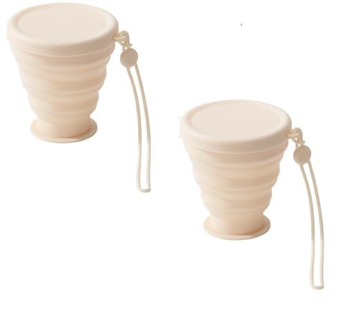 Image of 600ml Folding Silicone Water Bottle Sports Water Bottle Outdoor Travel Portable Water Bottle with Leak-Proof Lid Space-Saving Portable Bottle for Travel, Gym, Hiking, Camping (BEIG MUG 2PC)
