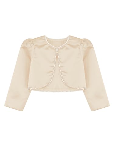 Jelory Kids Girls Long Sleeves Satin Short Cardigan Bolero Jacket Faux Pearls Trim Shrug Flower Girl Dress Cover Up3