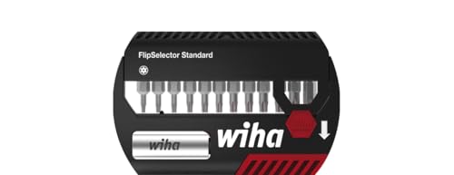 Wiha Bit Set FlipSelector Standard 25 mm TORX® Tamper Resistant (mit Bohrung) 13-tlg. 1/4 (39037), Bithalter, Set, Öffnen per Knopfdruck, schneller Bitwechsel, passt in die Hosentasche