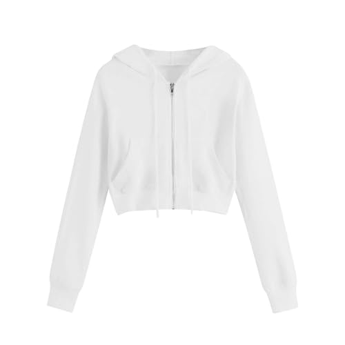 Image of Jackets for Women Uk, Womens Short Zip Up Hoodie Hooded Crop Top Cropped Sweatshirts Ladies Casual Solid Long Sleeve Jacket Shirt Uk Size 8 10 12 14 16 18 20,White,S,u597k