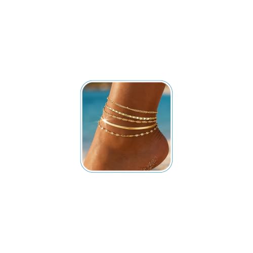 Image of iF YOU Gold Ankle Bracelets for Women, 14k Gold Plated Waterproof Cuban Link Chain Anklets Set, Layered Anklet Bracelets for Women Beach Gift Adjustable Size 5pcs