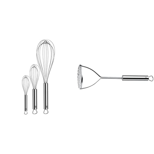 WMF Profi Plus Schneebesen Set 3-teilig, Cromargan Edelstahl teilmattiert, Rührbesen, Quirl, spülmaschinengeeignet & Profi Plus Kartoffelstampfer 28,5 cm, Cromargan Edelstahl teilmattiert