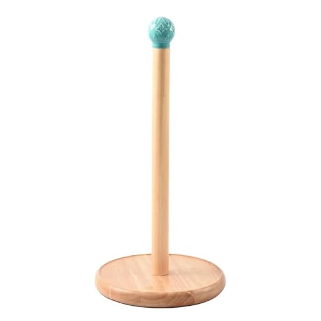 Wooden Paper Towel Holder Countertop, Paper Towel Dispenser Stand with Ceramic Top, Farmhouse Paper Towel Roll Stand for Kitchen Counter£¨Turquoise£©